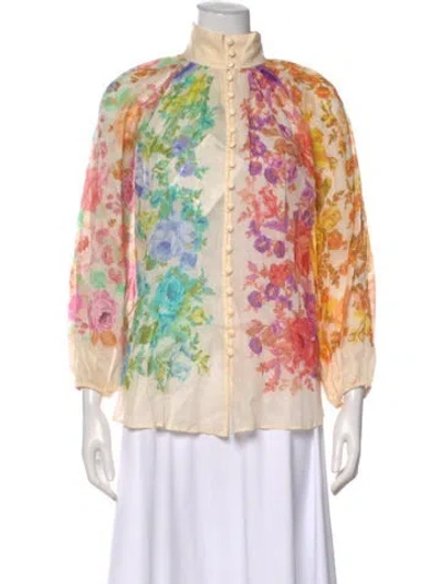 Pre-owned Zimmermann Linen Floral Print Blouse W/ Tags In Neutral