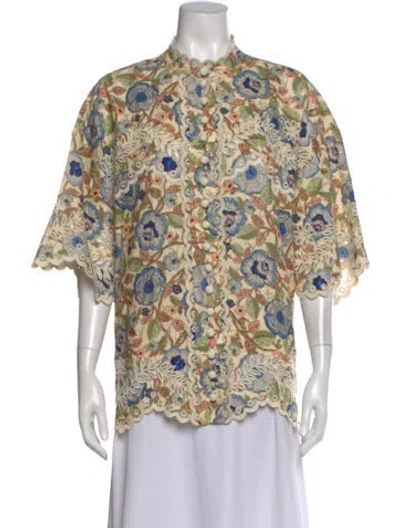 Pre-owned Zimmermann Linen Floral Print Blouse W/ Tags In Neutral