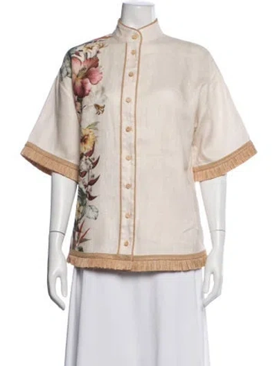 Pre-owned Zimmermann Linen Floral Print Blouse W/ Tags In Neutrals