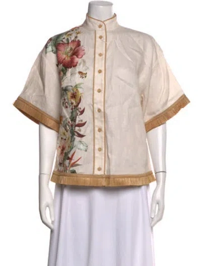 Pre-owned Zimmermann Linen Floral Print Blouse W/ Tags In Neutrals