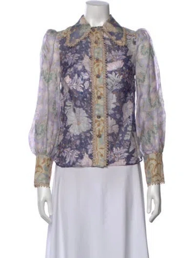 Pre-owned Zimmermann Linen Floral Print Blouse W/ Tags In Purple