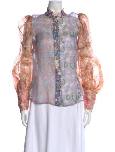 Pre-owned Zimmermann Linen Floral Print Blouse W/ Tags In Purple