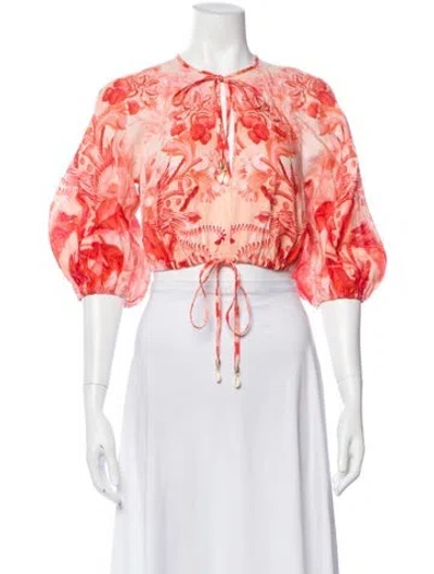 Pre-owned Zimmermann Linen Floral Print Blouse W/ Tags In Red