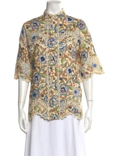 Pre-owned Zimmermann Linen Floral Print Blouse In White