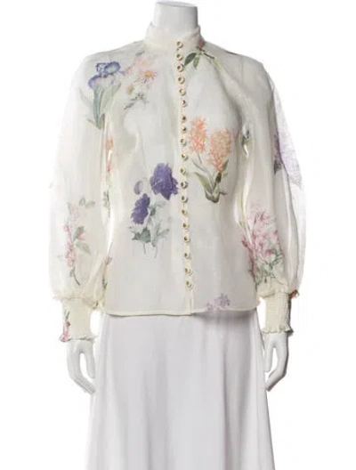 Pre-owned Zimmermann Linen Floral Print Blouse In White