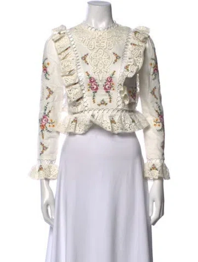 Pre-owned Zimmermann Linen Floral Print Blouse In White