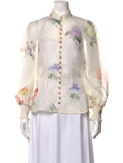 Pre-owned Zimmermann Linen Floral Print Blouse In White