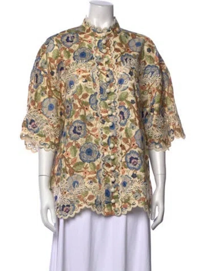 Pre-owned Zimmermann Linen Floral Print Blouse In Yellow