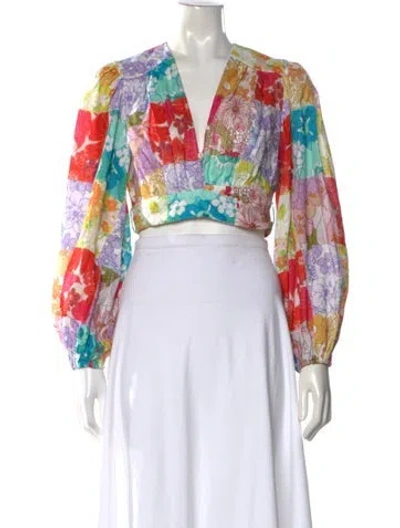 Pre-owned Zimmermann Linen Floral Print Crop Top In Blue