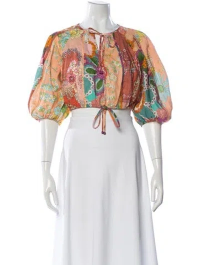 Pre-owned Zimmermann Linen Floral Print Crop Top In Neutral