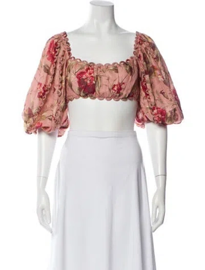 Pre-owned Zimmermann Linen Floral Print Crop Top In Pink