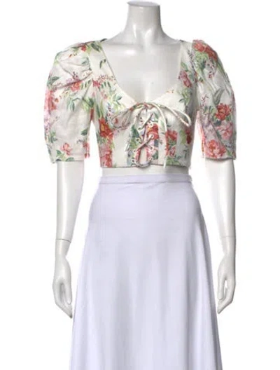 Pre-owned Zimmermann Linen Floral Print Crop Top In White