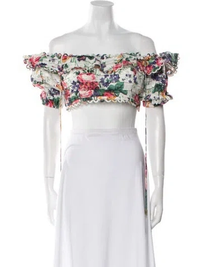 Pre-owned Zimmermann Linen Floral Print Crop Top In White