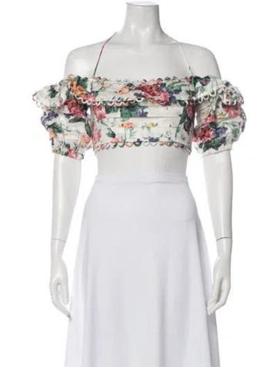 Pre-owned Zimmermann Linen Floral Print Crop Top In White
