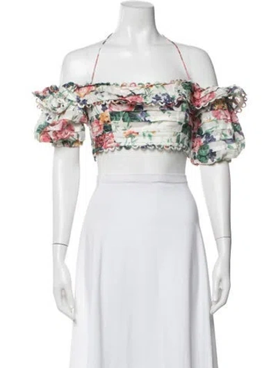 Pre-owned Zimmermann Linen Floral Print Crop Top In White
