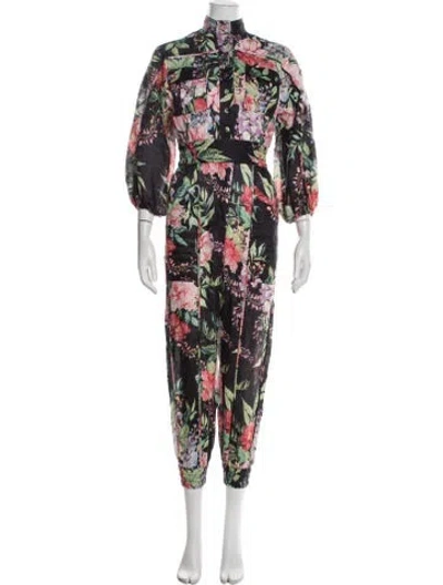 Pre-owned Zimmermann Linen Floral Print Jumpsuit In Black