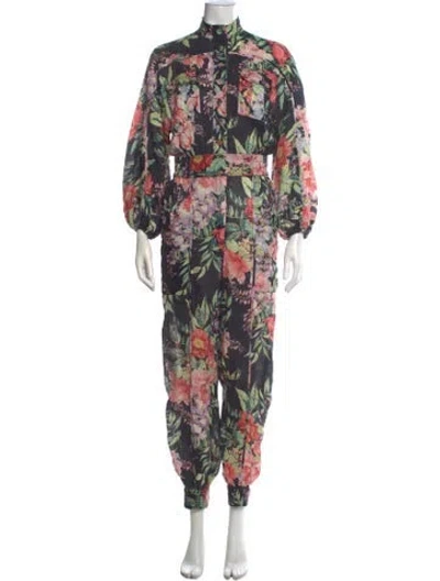 Pre-owned Zimmermann Linen Floral Print Jumpsuit In Black