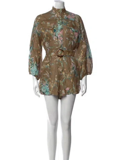 Pre-owned Zimmermann Linen Floral Print Jumpsuit In Brown