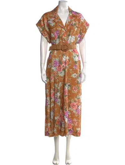 Pre-owned Zimmermann Linen Floral Print Jumpsuit In Brown