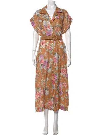 Pre-owned Zimmermann Linen Floral Print Jumpsuit In Brown