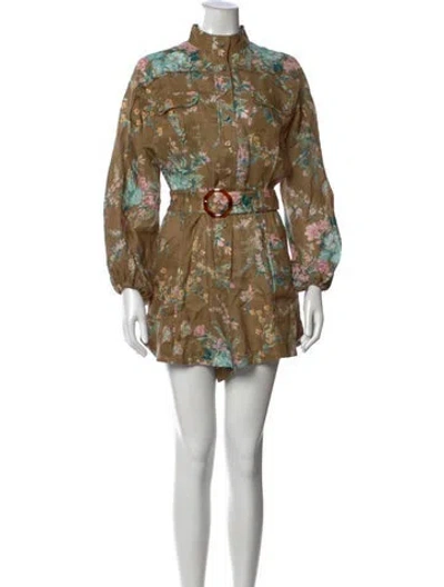 Pre-owned Zimmermann Linen Floral Print Jumpsuit In Brown
