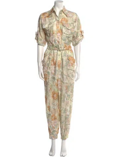 Pre-owned Zimmermann Linen Floral Print Jumpsuit In Green