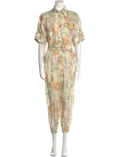 Pre-owned Zimmermann Linen Floral Print Jumpsuit In Green