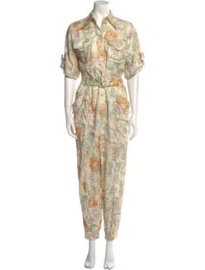 Pre-owned Zimmermann Linen Floral Print Jumpsuit In Green