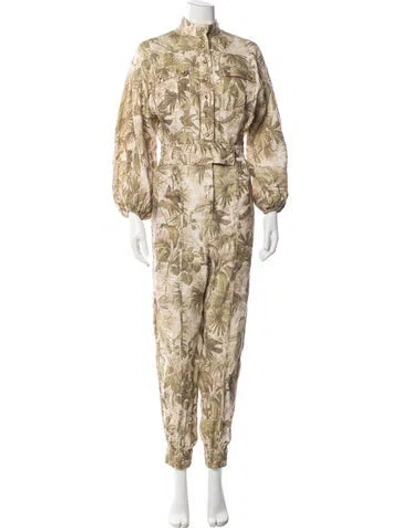 Pre-owned Zimmermann Linen Floral Print Jumpsuit In Green
