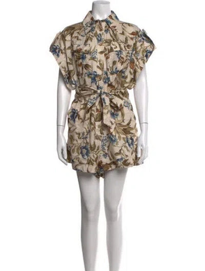 Pre-owned Zimmermann Linen Floral Print Jumpsuit In Green/neutrals