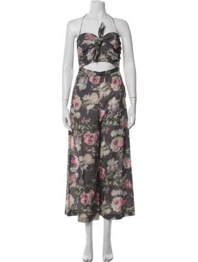 Pre-owned Zimmermann Linen Floral Print Jumpsuit In Grey