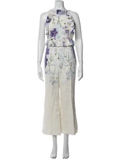 Pre-owned Zimmermann Linen Floral Print Jumpsuit In Neutrals