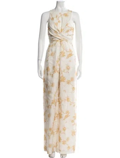 Pre-owned Zimmermann Linen Floral Print Jumpsuit In Neutrals