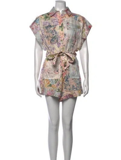 Pre-owned Zimmermann Linen Floral Print Jumpsuit In Neutrals
