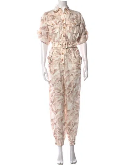 Pre-owned Zimmermann Linen Floral Print Jumpsuit In Neutrals/pink