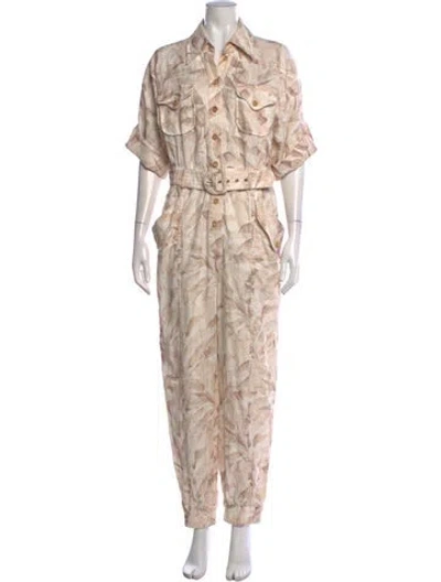 Pre-owned Zimmermann Linen Floral Print Jumpsuit In Neutrals/white