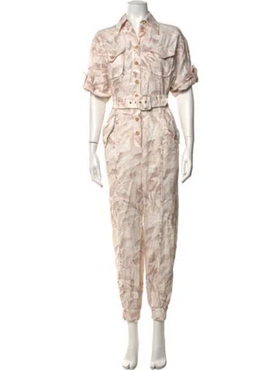 Pre-owned Zimmermann Linen Floral Print Jumpsuit In Neutrals/white