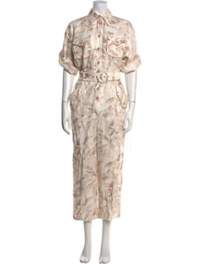 Pre-owned Zimmermann Linen Floral Print Jumpsuit W/ Tags In Neutrals/pink