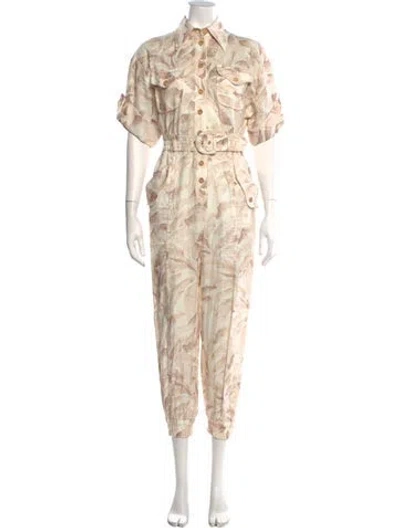 Pre-owned Zimmermann Linen Floral Print Jumpsuit In White