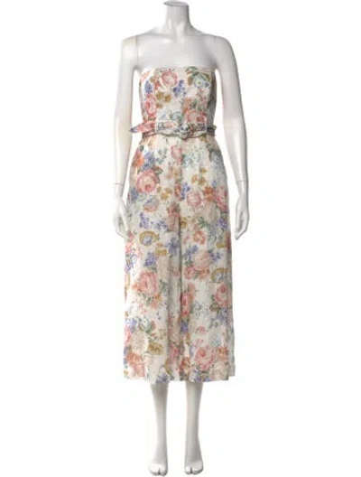 Pre-owned Zimmermann Linen Floral Print Jumpsuit In White