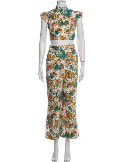 Pre-owned Zimmermann Linen Floral Print Pant Set In Blue/green/orange