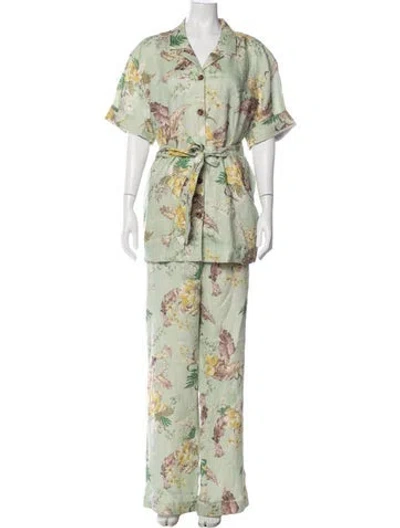 Pre-owned Zimmermann Linen Floral Print Pant Set W/ Tags In Green