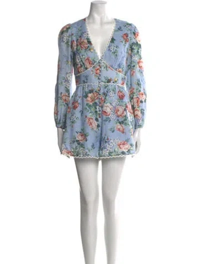 Pre-owned Zimmermann Linen Floral Print Romper In Blue