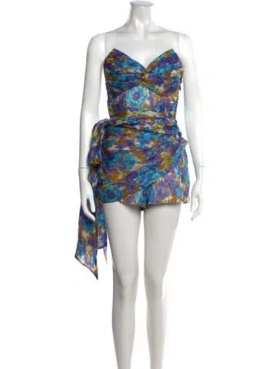Pre-owned Zimmermann Linen Floral Print Romper In Blue