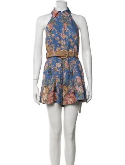 Pre-owned Zimmermann Linen Floral Print Romper In Blue
