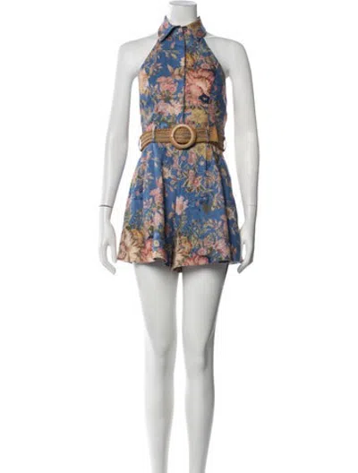 Pre-owned Zimmermann Linen Floral Print Romper In Blue