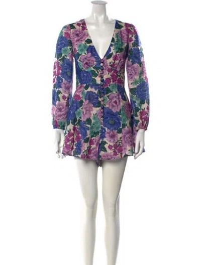 Pre-owned Zimmermann Linen Floral Print Romper In Blue/purple/white