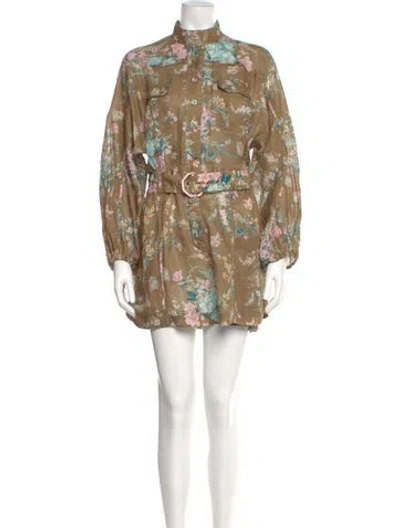 Pre-owned Zimmermann Linen Floral Print Romper In Brown