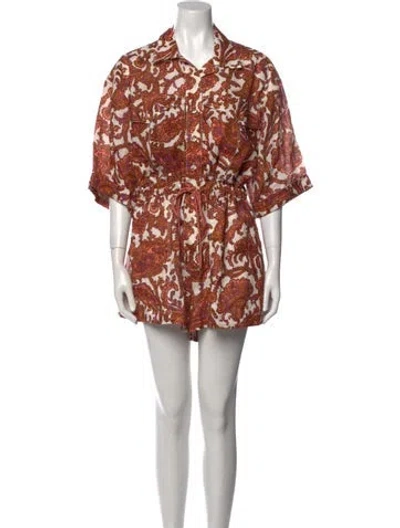Pre-owned Zimmermann Linen Floral Print Romper In Brown