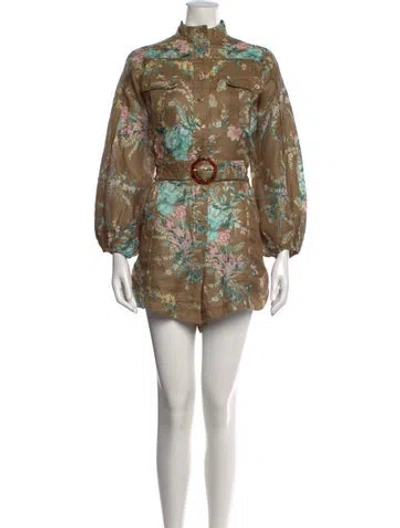 Pre-owned Zimmermann Linen Floral Print Romper In Brown
